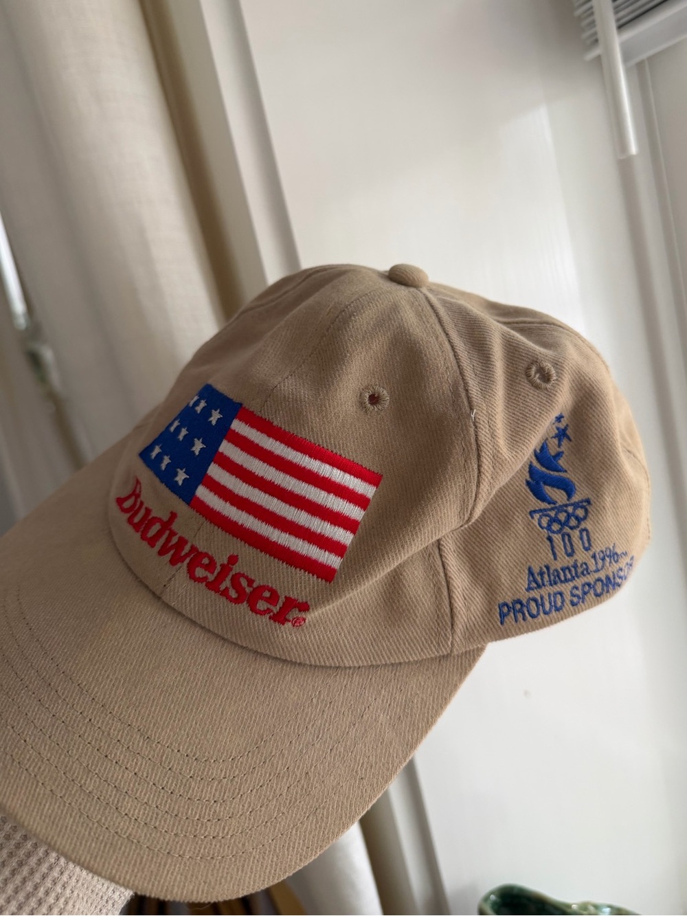 Vintage Budweiser Tan Baseball Cap with American Flag Olympics